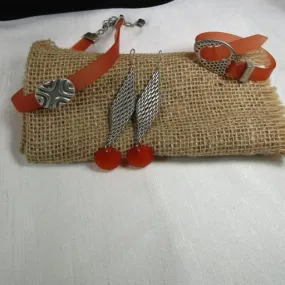 Orange Jelly Band Ribbon Choker & Bracelet Dangling  Earrings