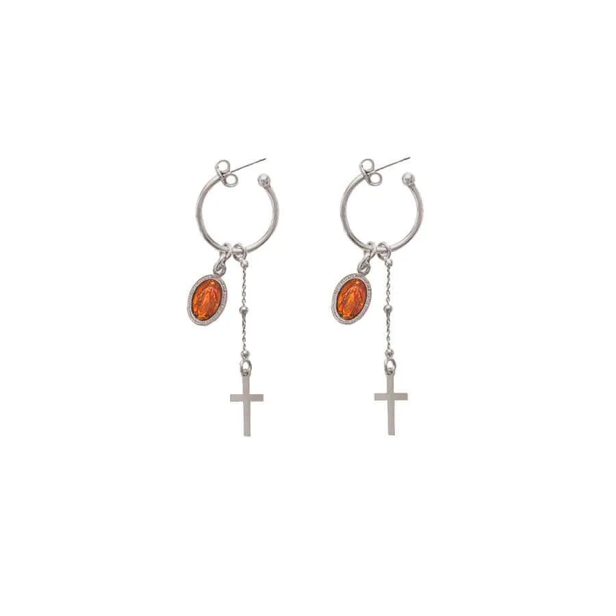 ORANGE MIRACULOUS MEDAL - HOOP EARRINGS - SILVER