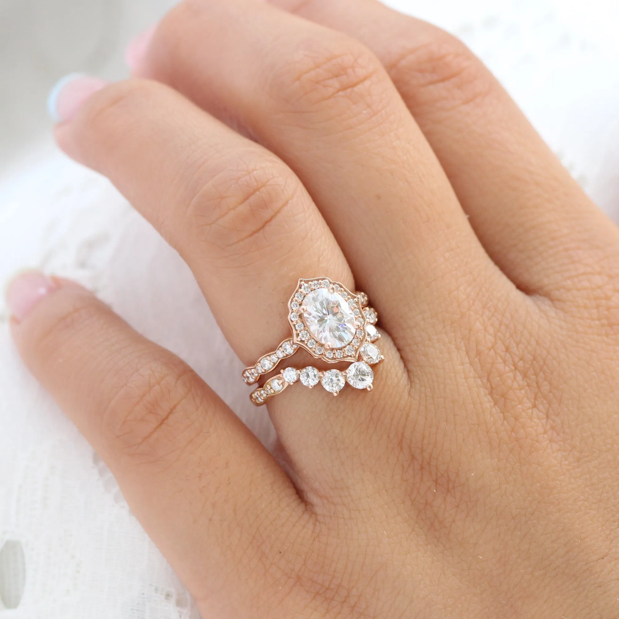 Oval Moissanite Engagement Ring in Vintage Floral Diamond Band