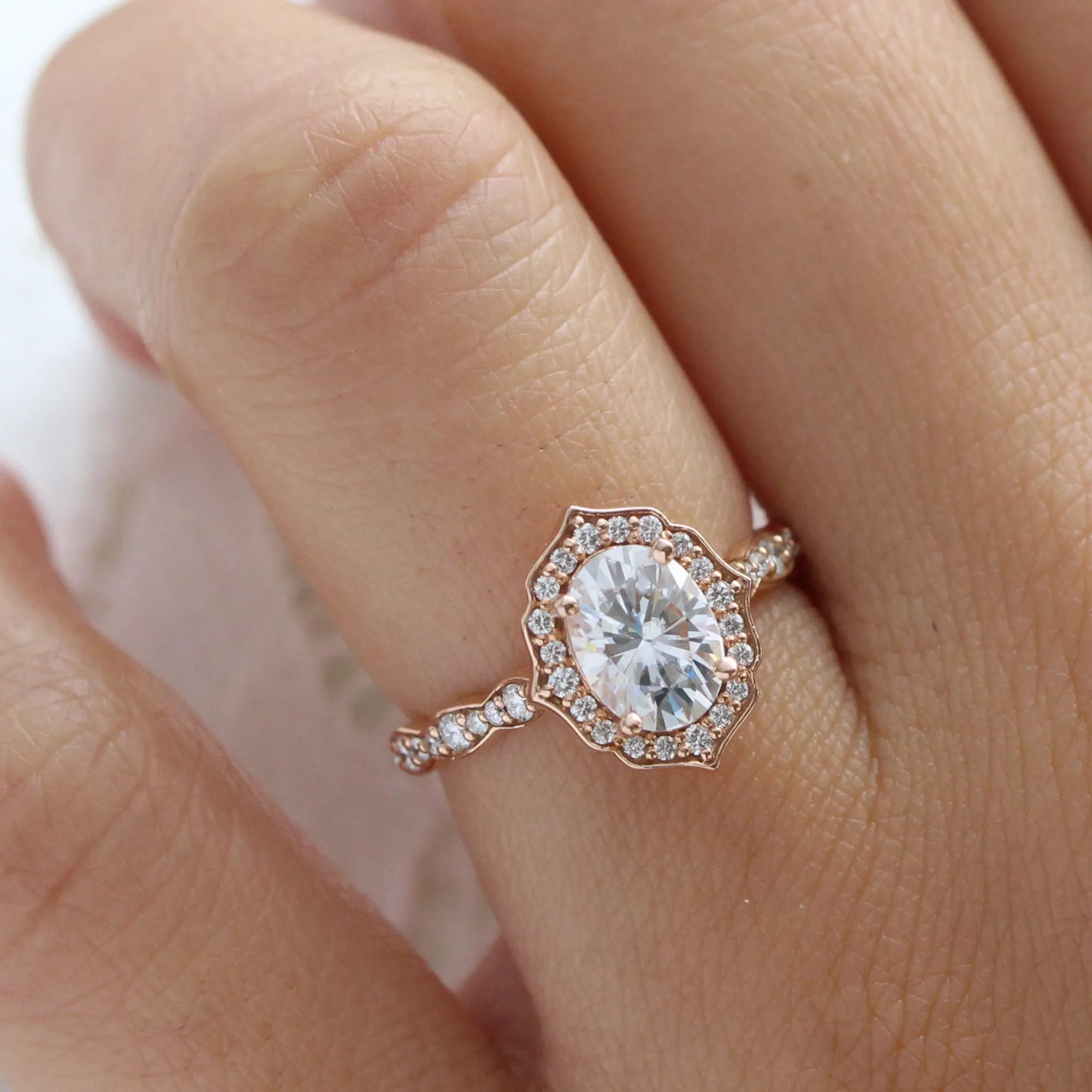 Oval Moissanite Engagement Ring in Vintage Floral Diamond Band