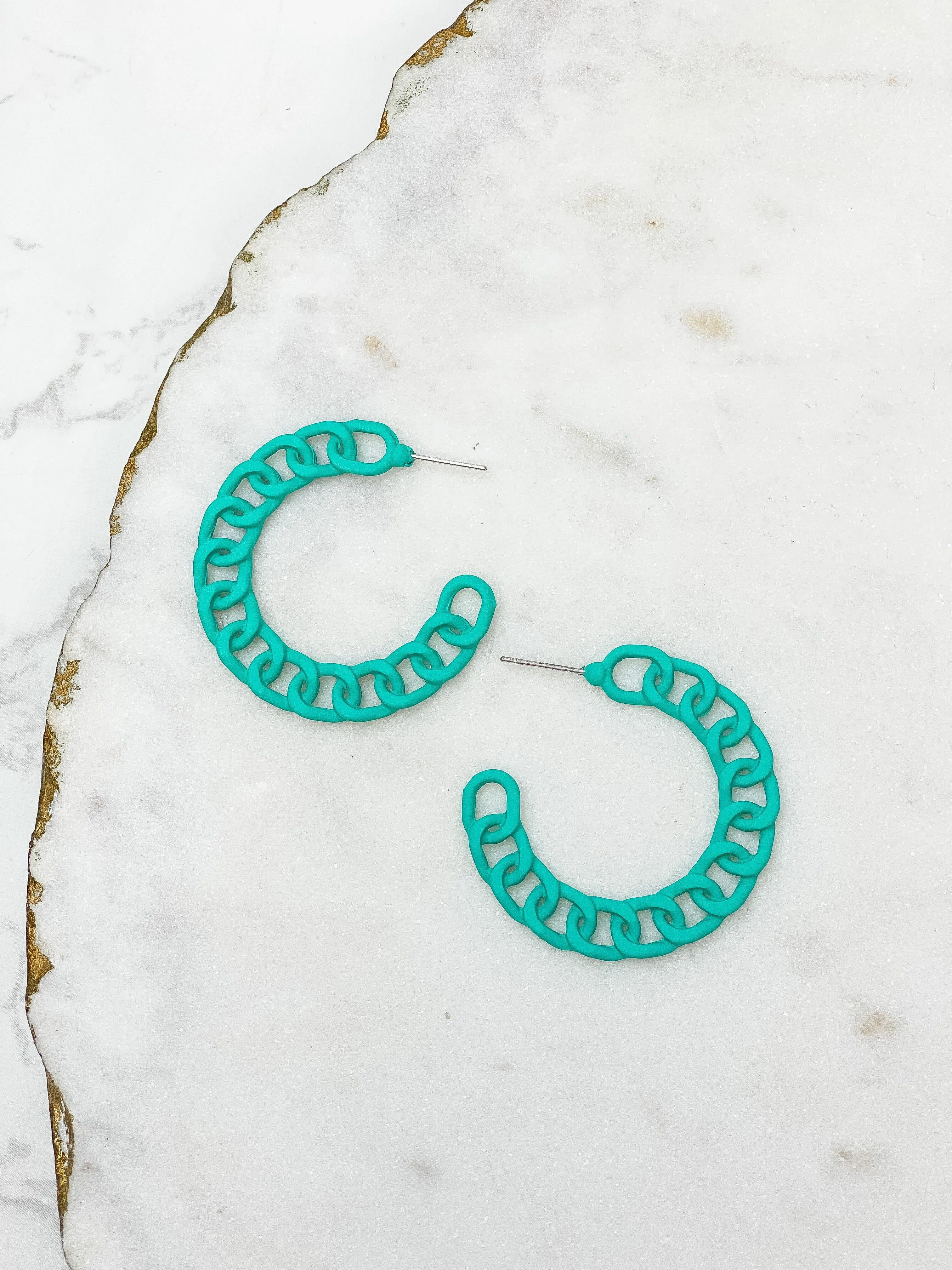 Painted Metal Chain Hoop Earrings - Teal