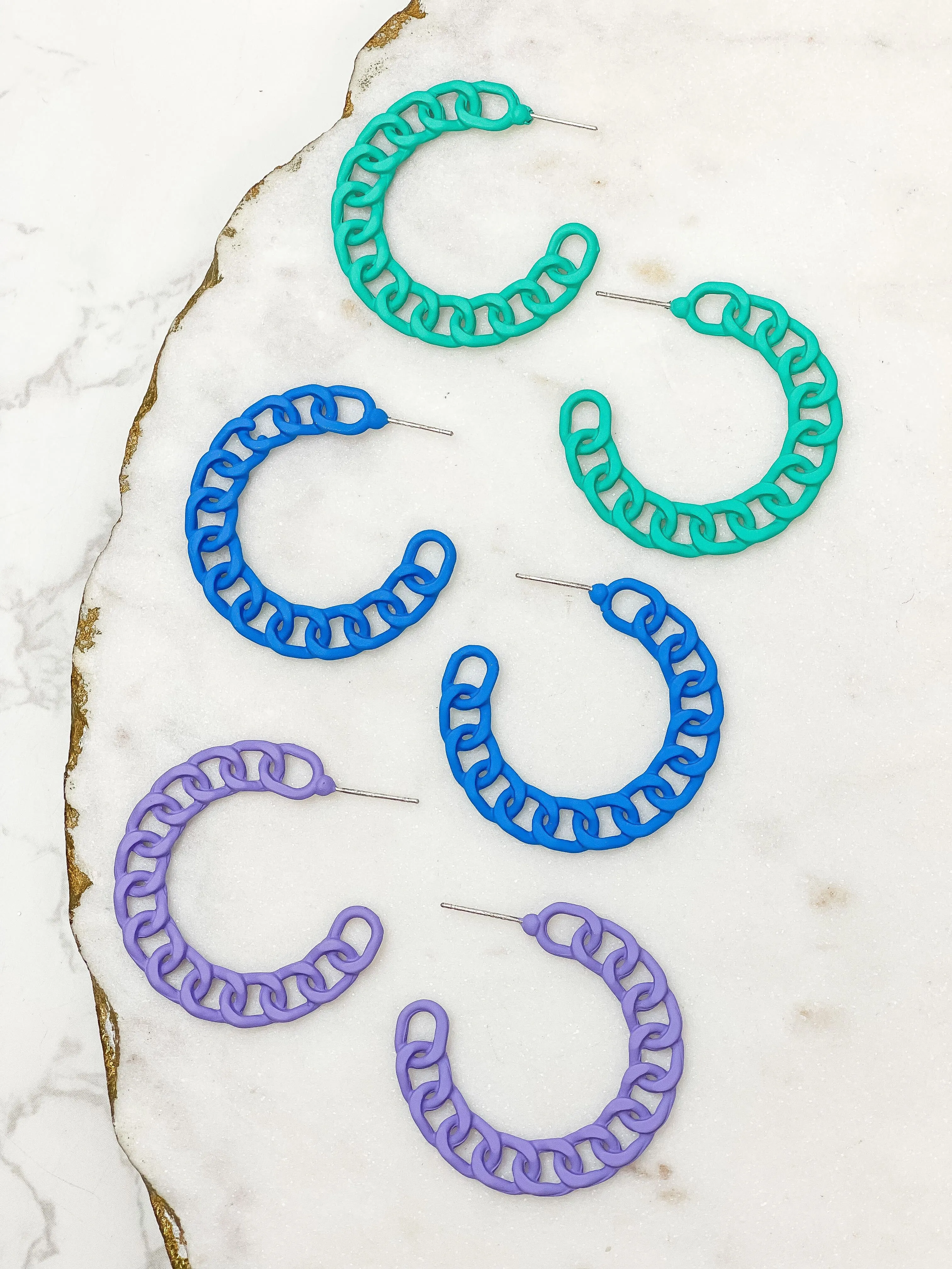 Painted Metal Chain Hoop Earrings - Teal