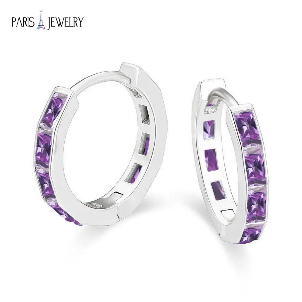 Paris Jewelry 18K White Gold Created Amethyst 3Ct Emerald Cut Huggie Hoop Earrings Plated