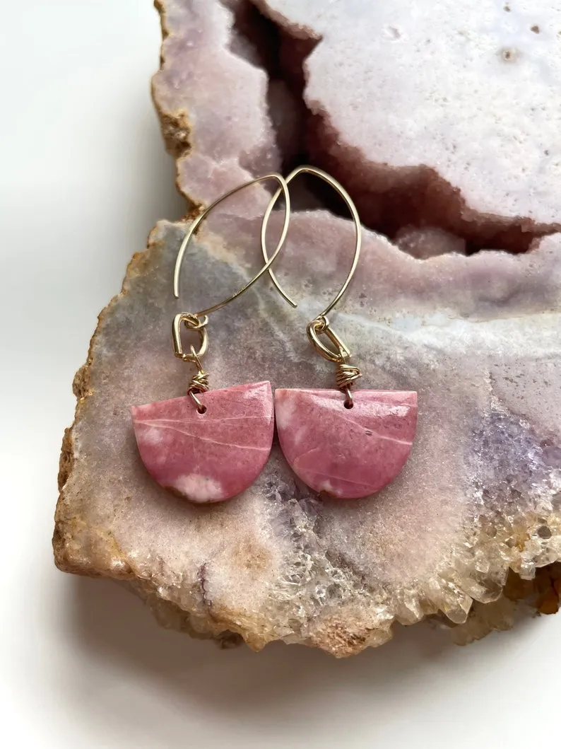 Pink Rhodonite Gold Filled Statement Crystal Gemstone Earrings