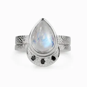 Rainbow Moonstone and Black Diamond Ring