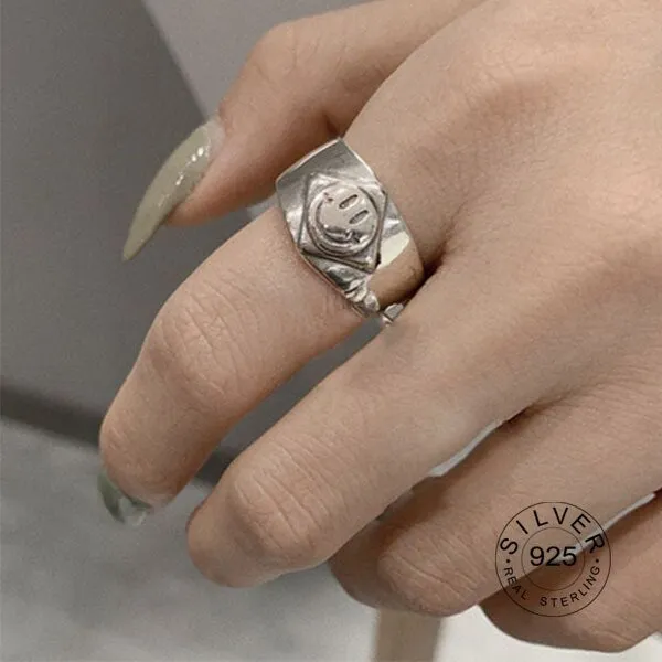 Real 925 sterling silver finger rings for women yellow smile face Trendy fine Jewelry Large Adjustable Antique Rings Anillos