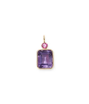 Rectangle 14k Gold Necklace Charm in Pink Topaz & Amethyst