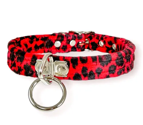 Red Fuzzy Leopard Collar w/ Silver O Ring Detail (Copy)