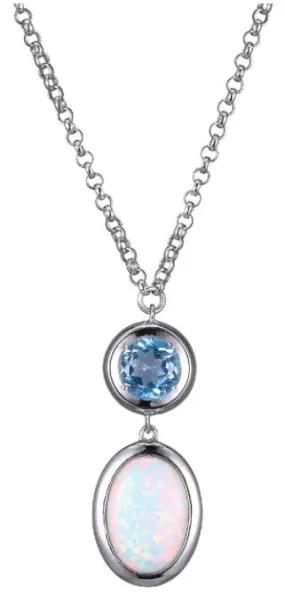 Rhodium Plated Sterling Silver ELLE "Mirage" Synthetic Opal/Genuine Blue Topaz Drop Necklace