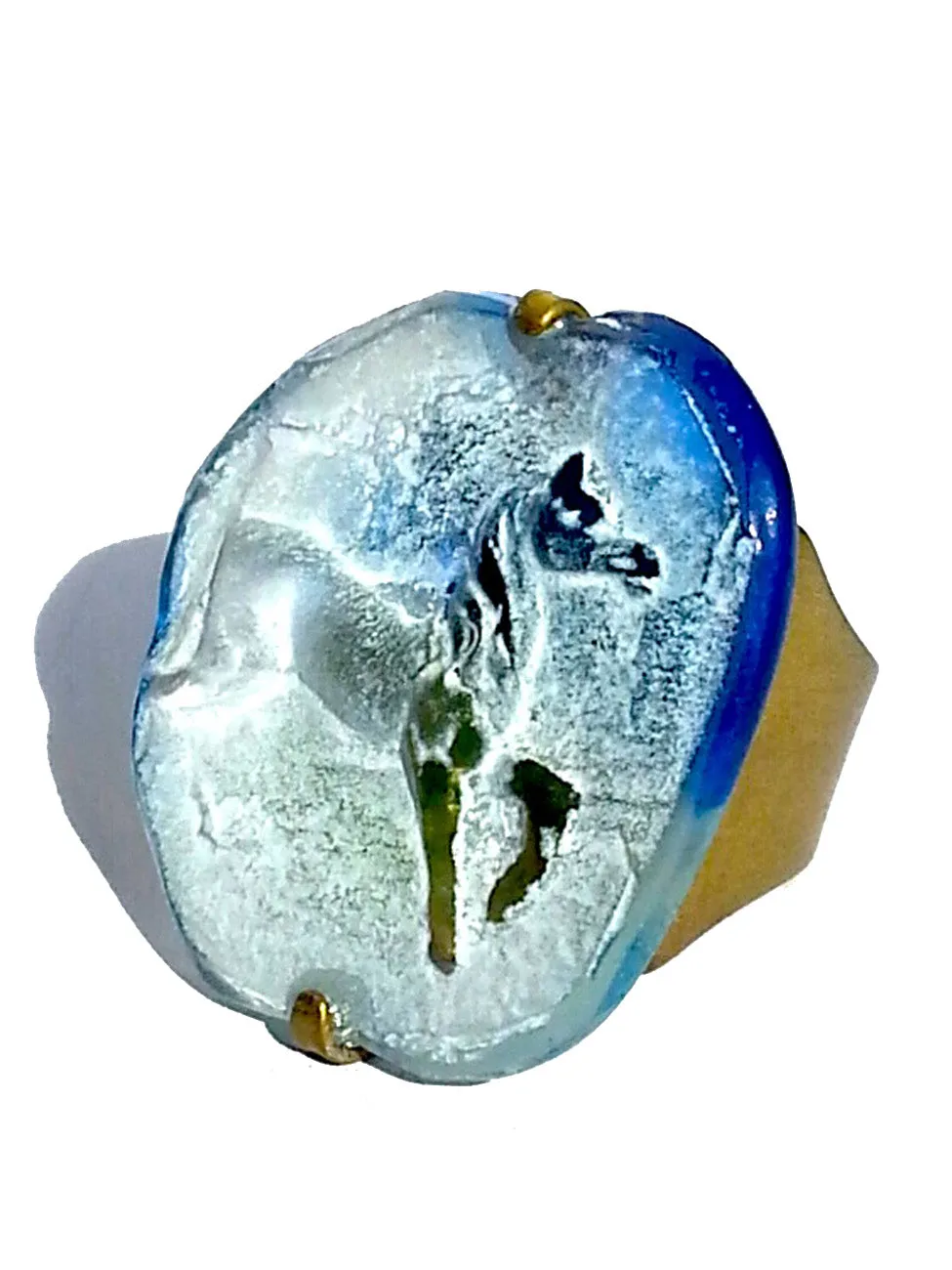 Ring Hand Cast French Glass Horse Blue and White