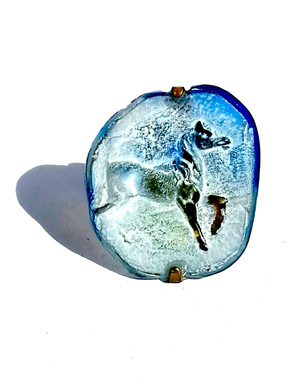 Ring Hand Cast French Glass Horse Blue and White