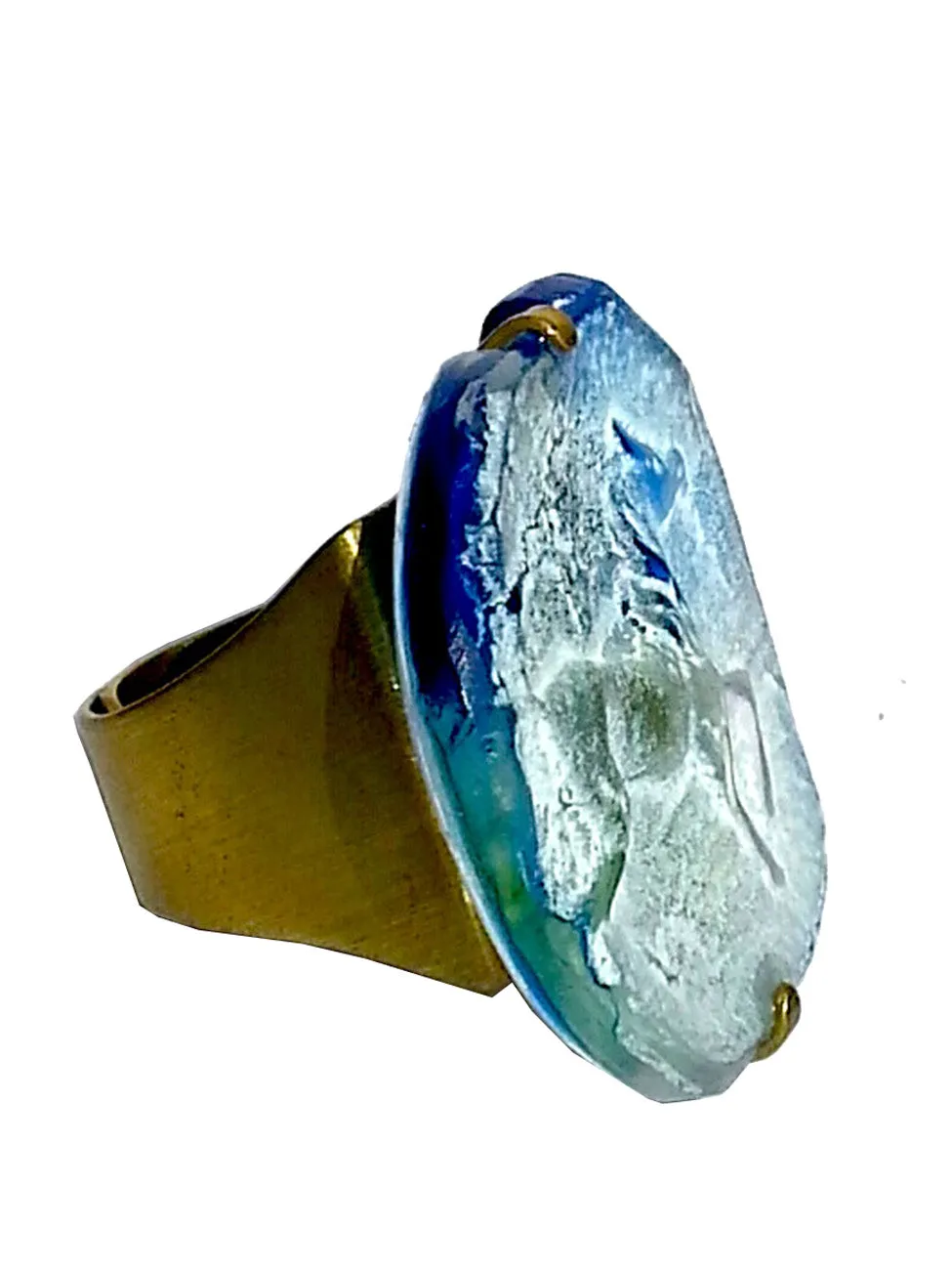 Ring Hand Cast French Glass Horse Blue and White