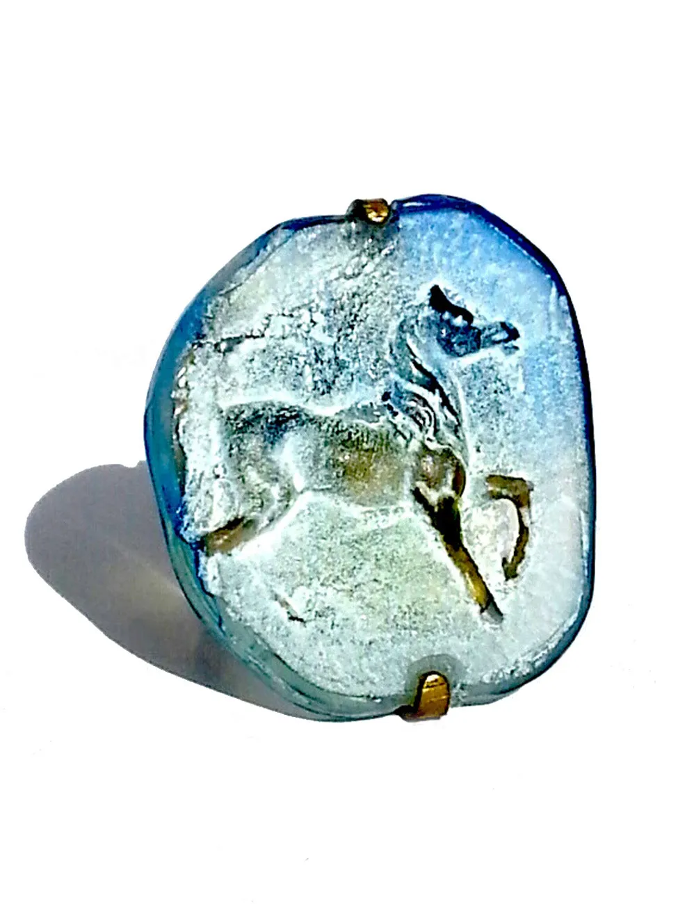 Ring Hand Cast French Glass Horse Blue and White