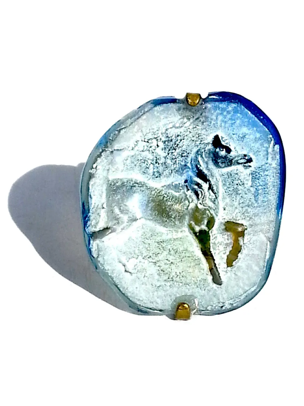 Ring Hand Cast French Glass Horse Blue and White