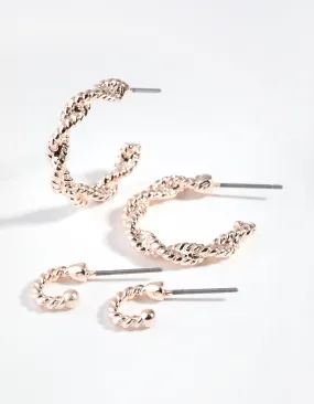 Rose Gold Diamond Cut Twisted Hoop Earring Set