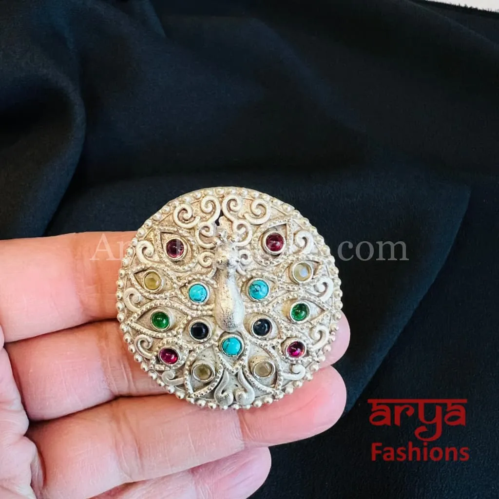 Round Multicolor Silver Oxidized Statement Ring