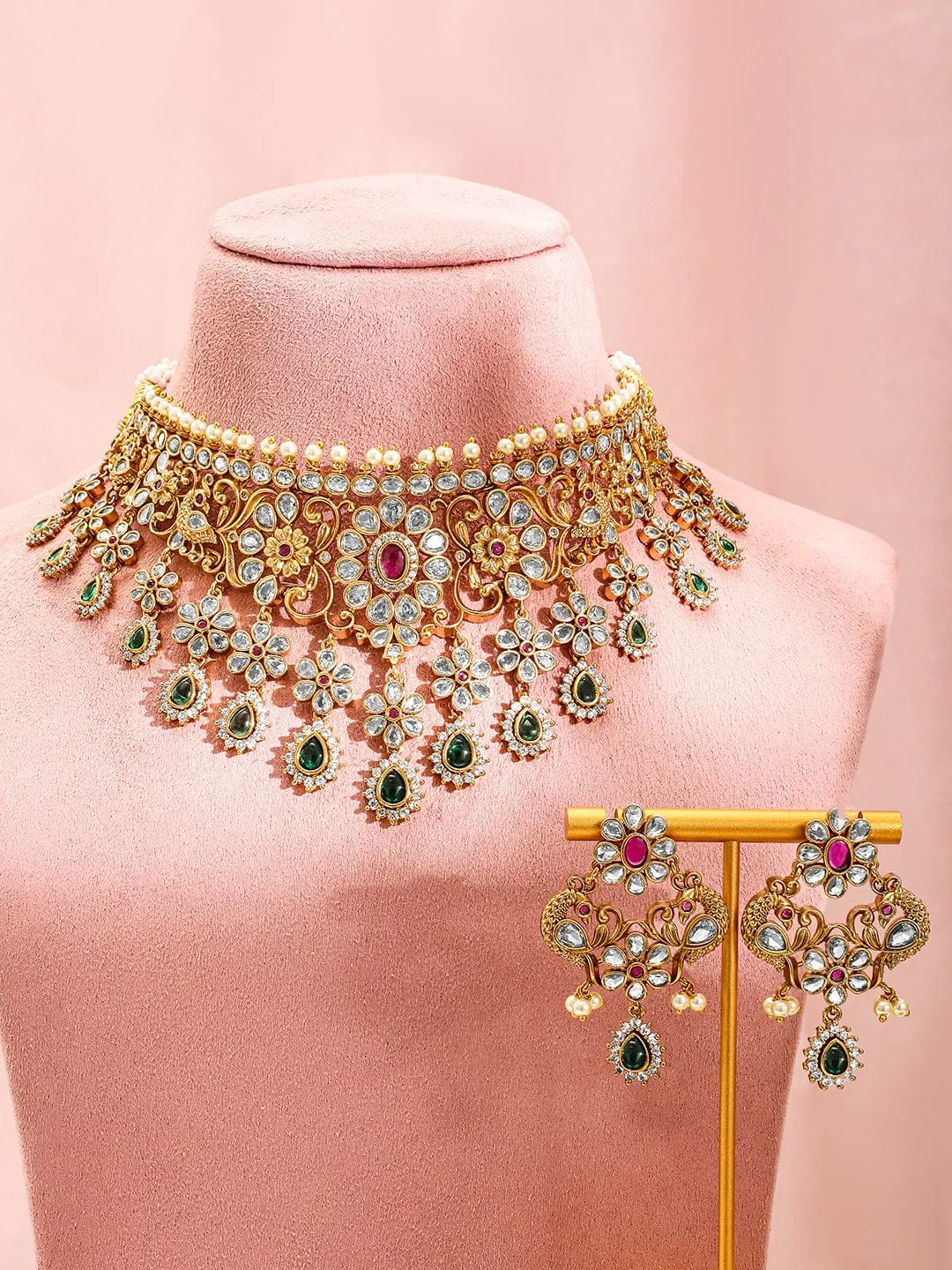 Rubans 22K Gold-Plated Kundan Stone Studded Jewellery Set