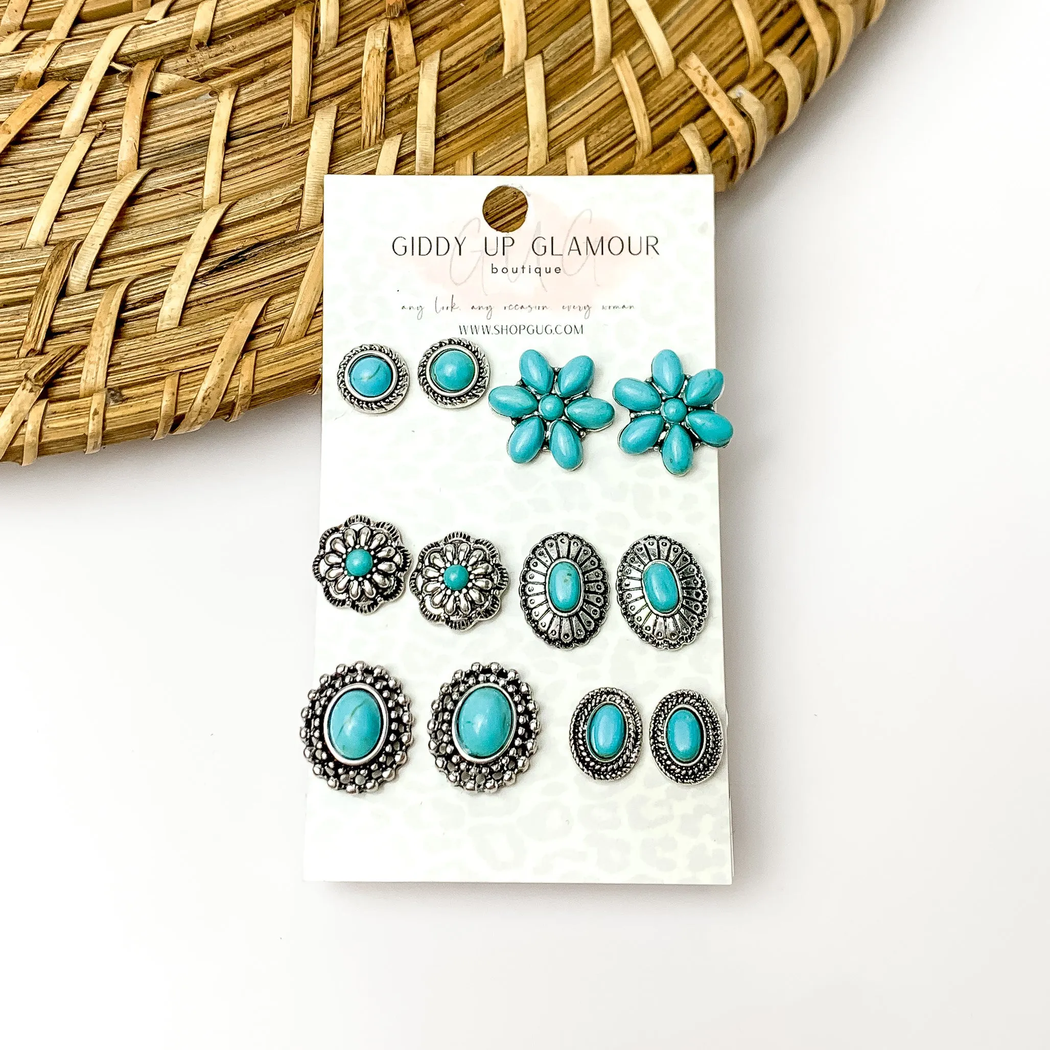 Set of Six Earrings | Turquoise and Silver Tone Designed Stud Earrings