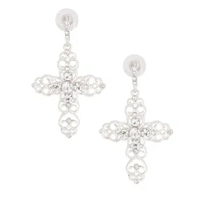 Shimmer Open Cross Drop Earrings Silver Tone