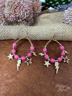 Shoot For The Stars Thunderbolt And Star Fuchsia Beaded Hoop Earrings