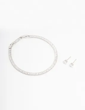 Silver Cubic Zirconia Baguette Tennis Bracelet & Earring Set