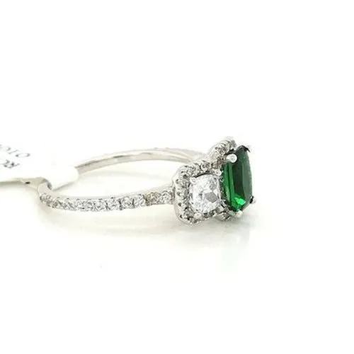 Silver Emerald & Diamond Three Stone CZ Ring