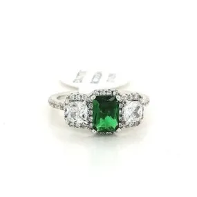 Silver Emerald & Diamond Three Stone CZ Ring