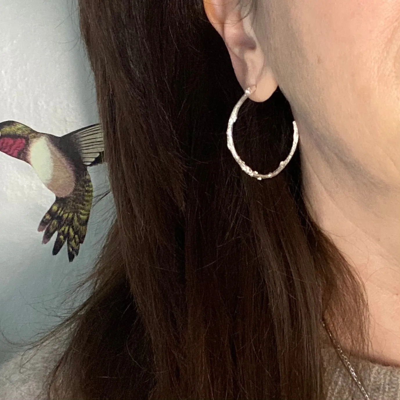 Silver Hoop Twig Earrings