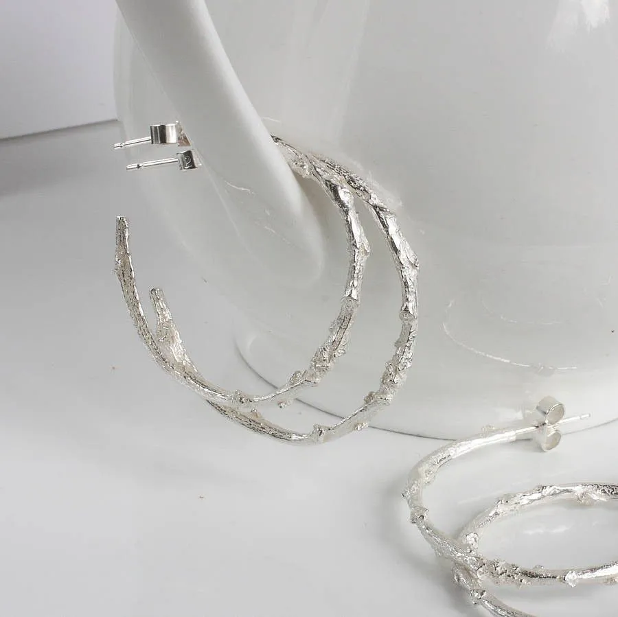 Silver Hoop Twig Earrings