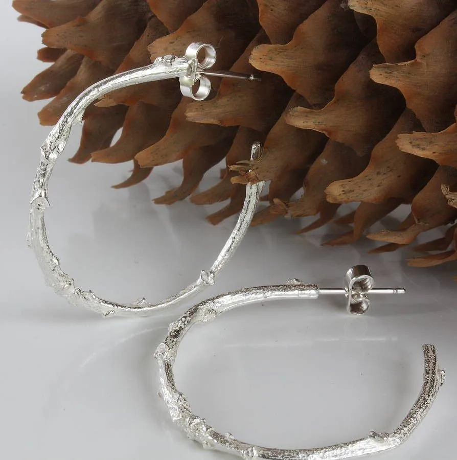 Silver Hoop Twig Earrings