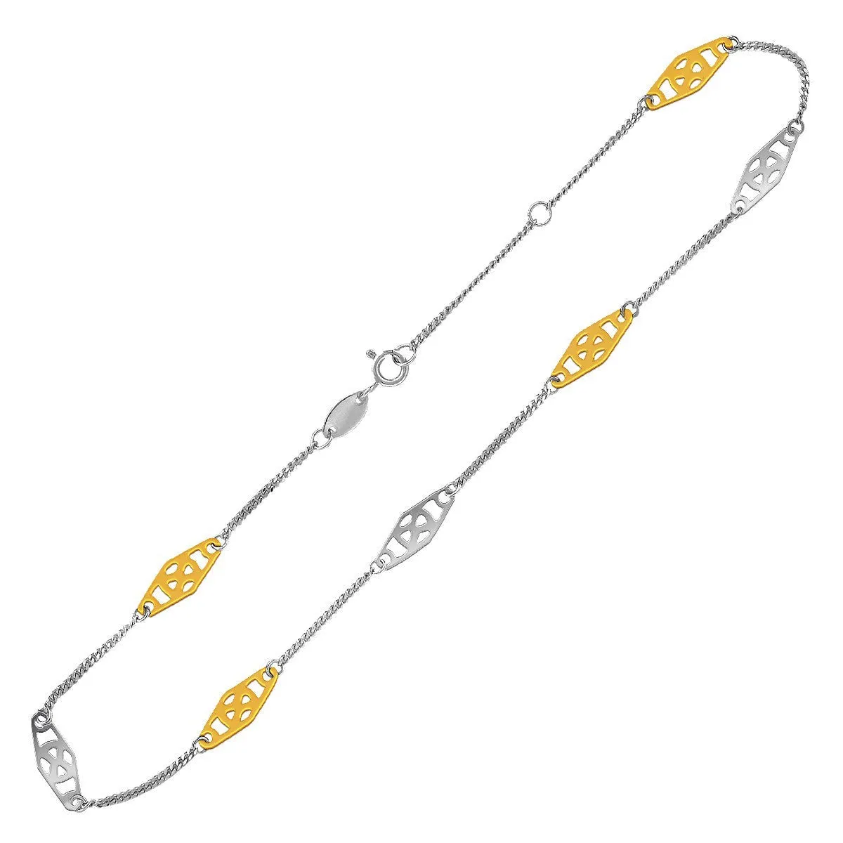 Size: 10'' - 14k Yellow Gold and Sterling Silver Anklet with Rounded Diamond Shape Stations