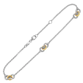 Size: 10'' - 14k Yellow Gold and Sterling Silver Triple Ring Stationed Anklet