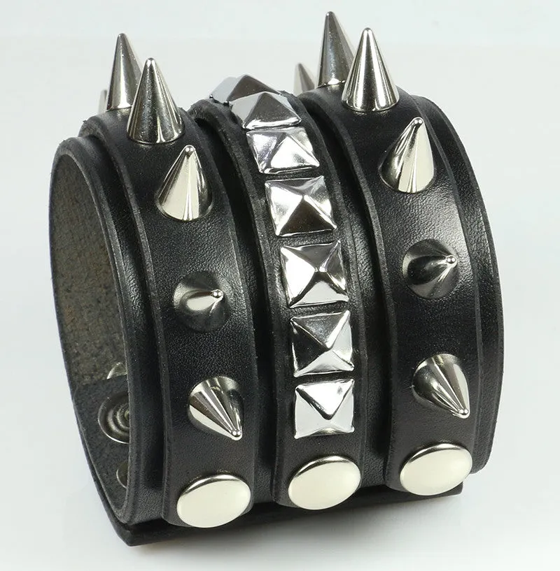 Spiked/Studded Leather Wristband with Interchangeable Strips