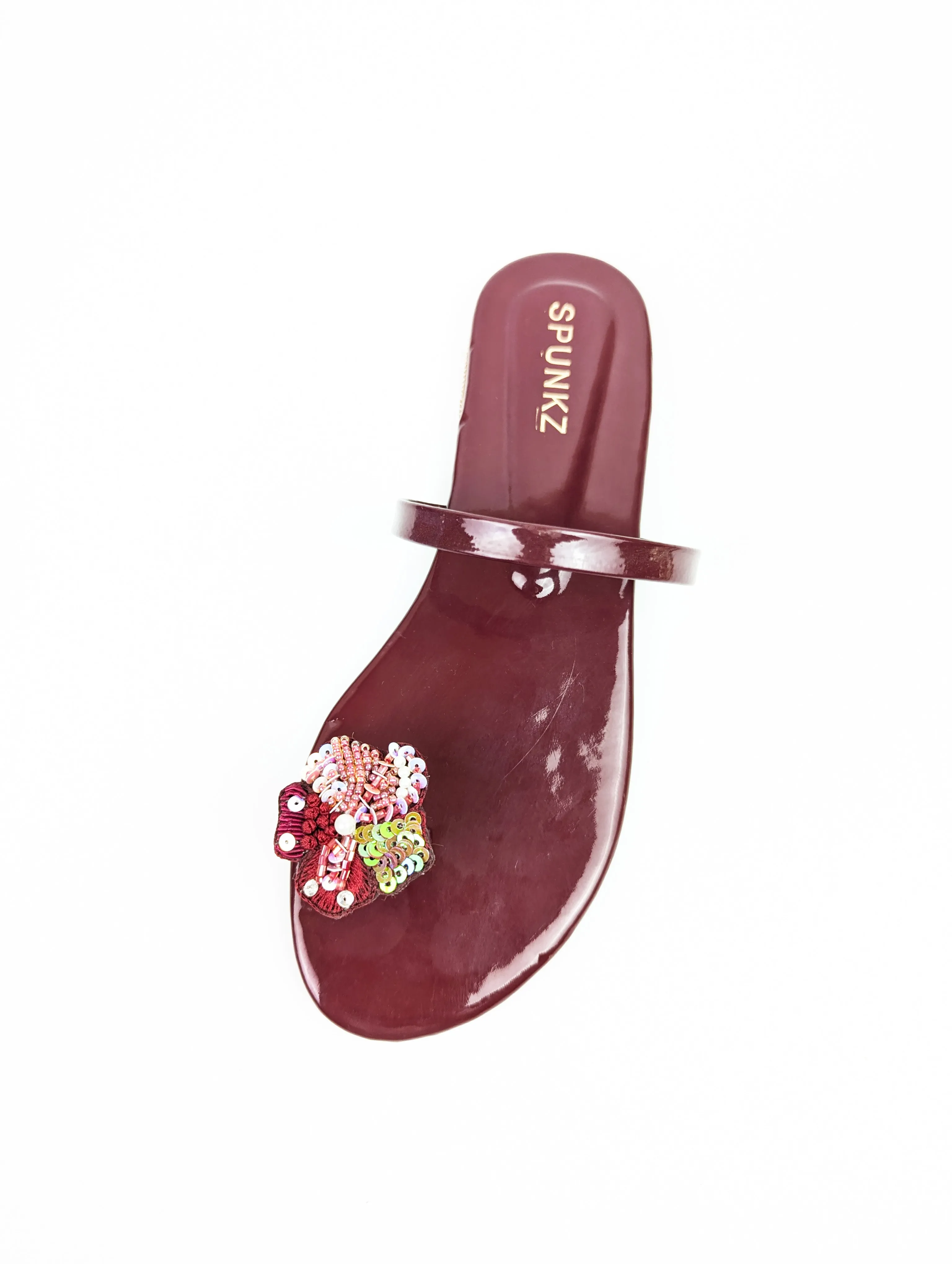 Spunkz Shiny Maroon Floral Toe Ring Fancy Flat Slippers