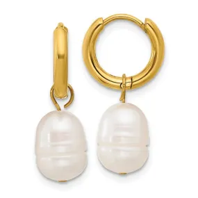 Stainless Steel Yellow IP-Plated White Baroque Pearl Dangle Hinged Hoop Earrings