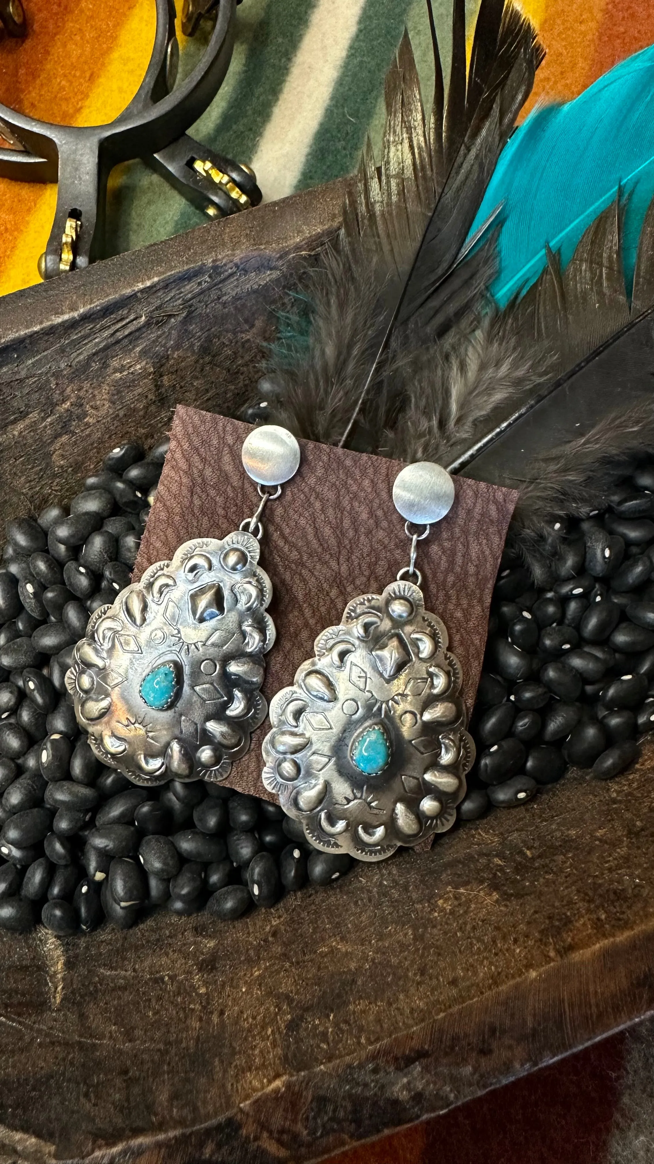 Sterling Silver and Turquoise teardrop Concho Earrings