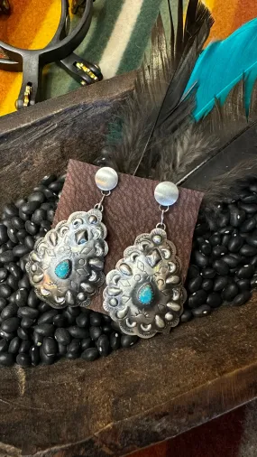 Sterling Silver and Turquoise teardrop Concho Earrings