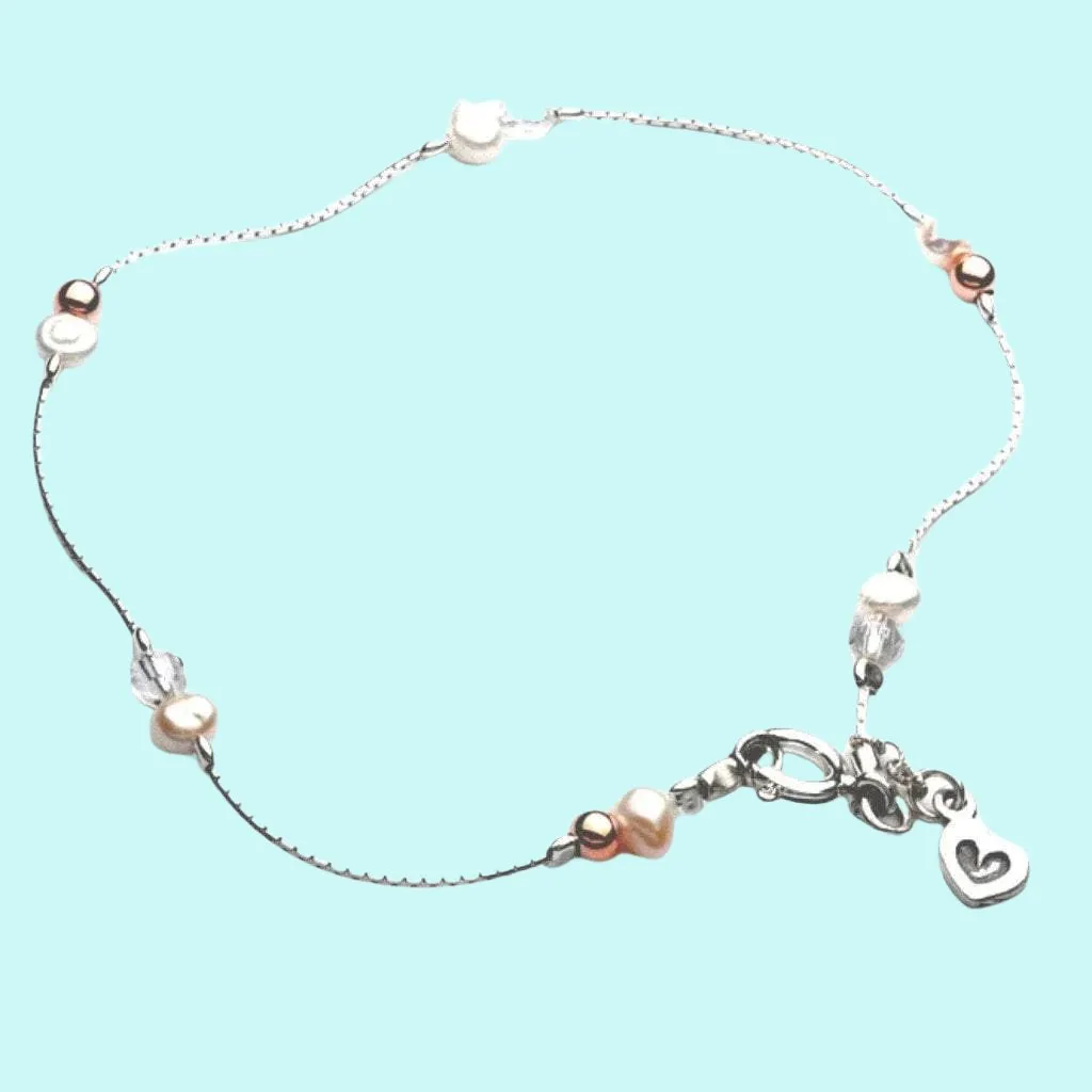 Sterling Silver Anklet with pearls and heart. Designer Jewelry.