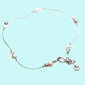 Sterling Silver Anklet with pearls and heart. Designer Jewelry.