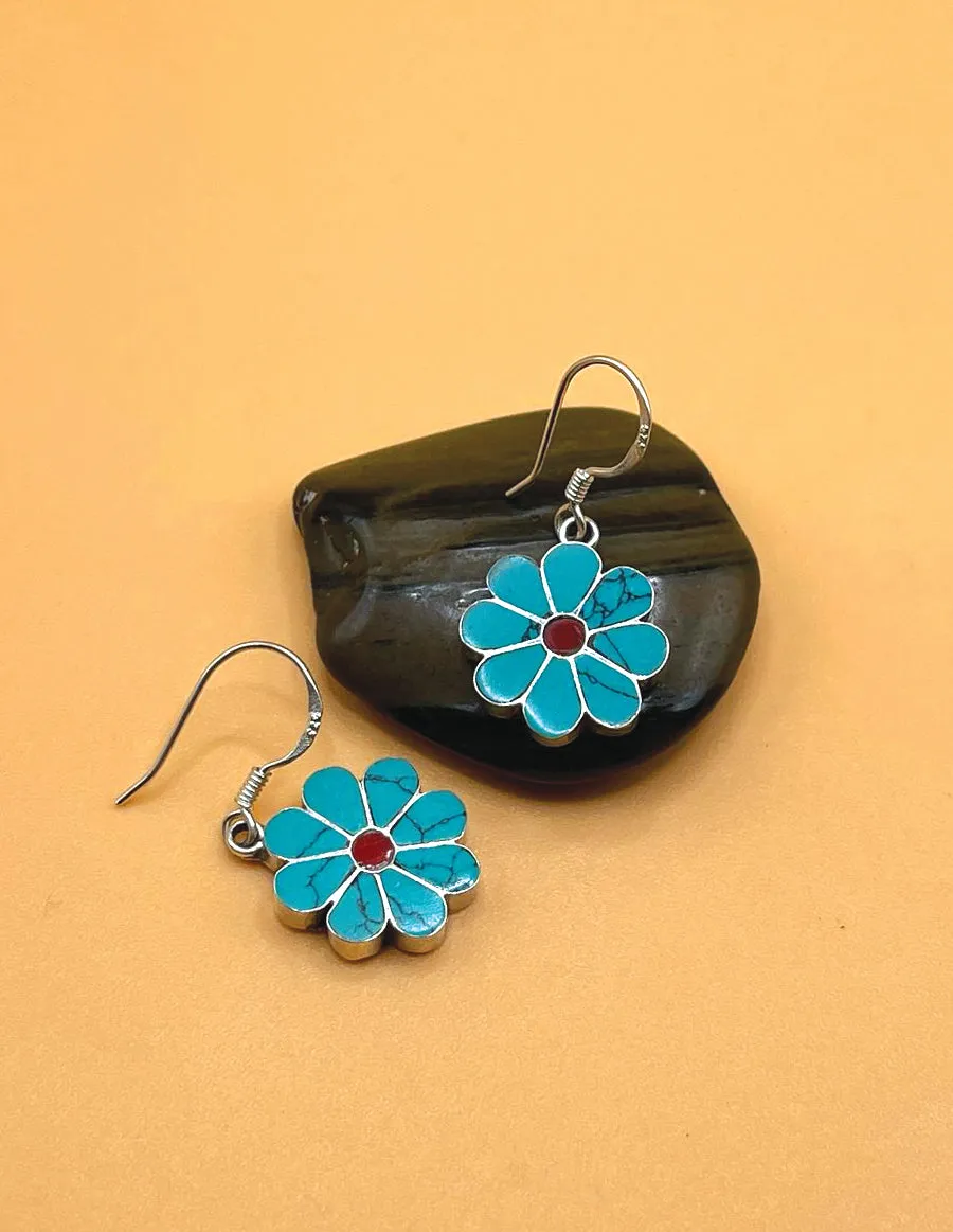 Sterling Silver Gemstone Tibetan Turquoise Flower Earrings