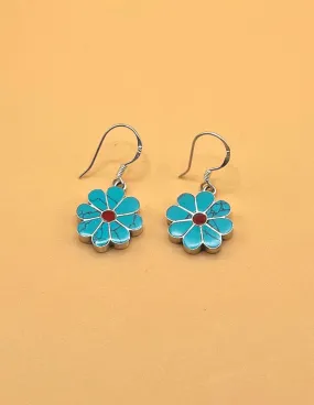 Sterling Silver Gemstone Tibetan Turquoise Flower Earrings