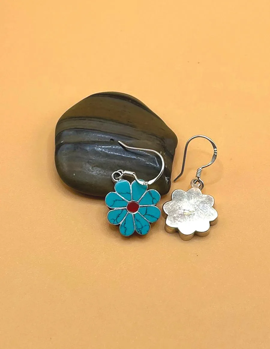 Sterling Silver Gemstone Tibetan Turquoise Flower Earrings