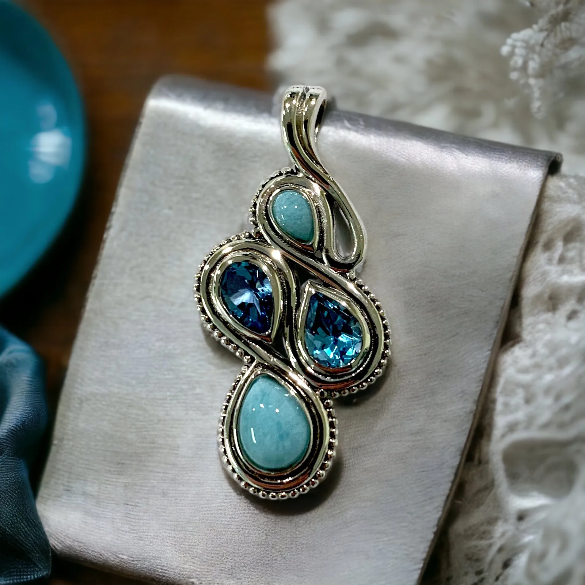 Sterling Silver Larimar and Blue Topaz Slide Pendant