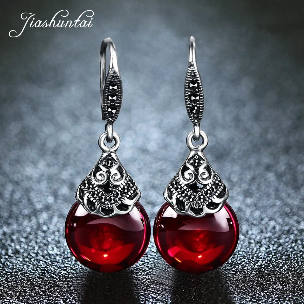 Sterling Silver Round Natural Garnet Gemstone  Drop Earrings