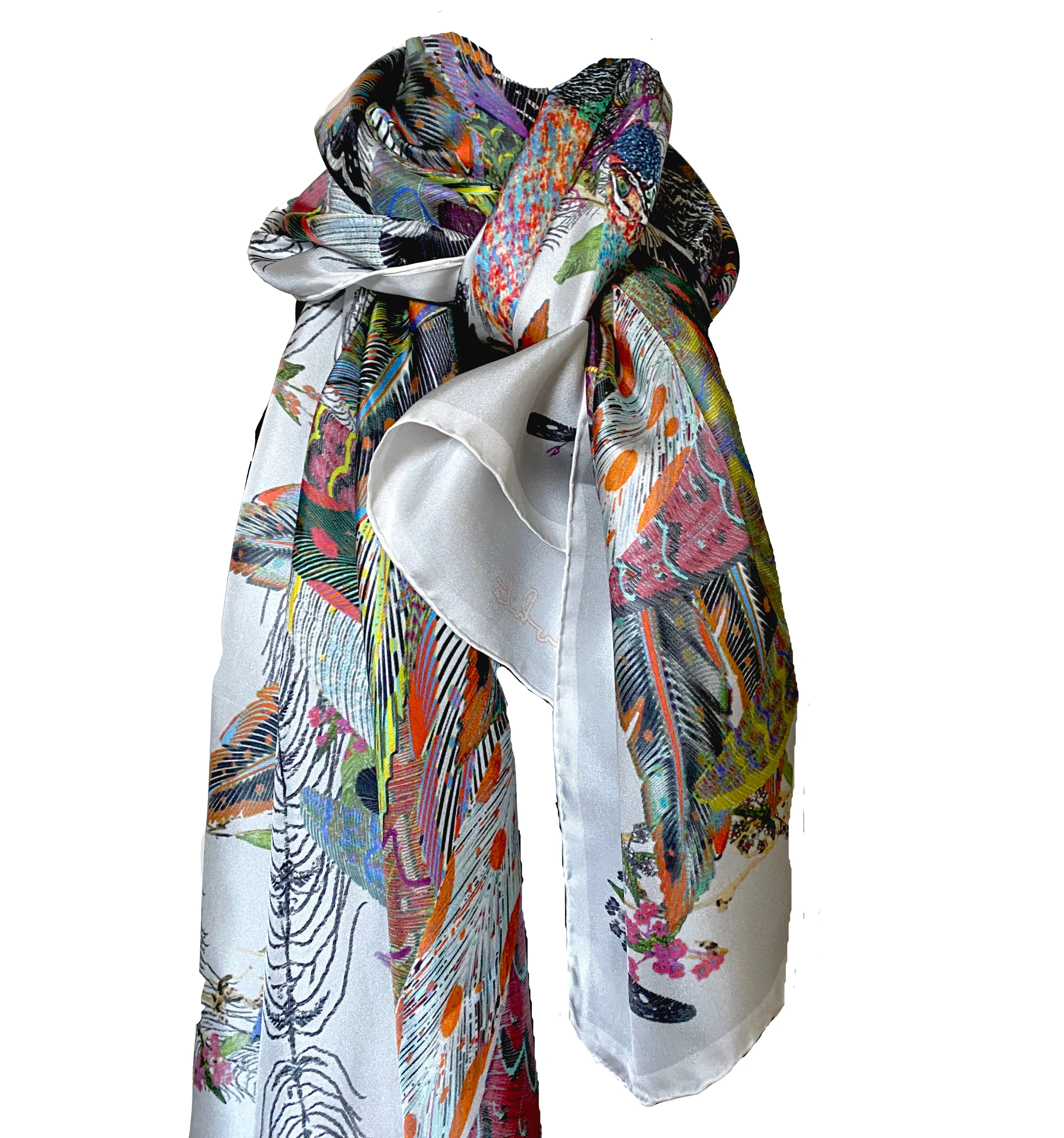 The Proud Peacock in Grey. Long Silk Scarves