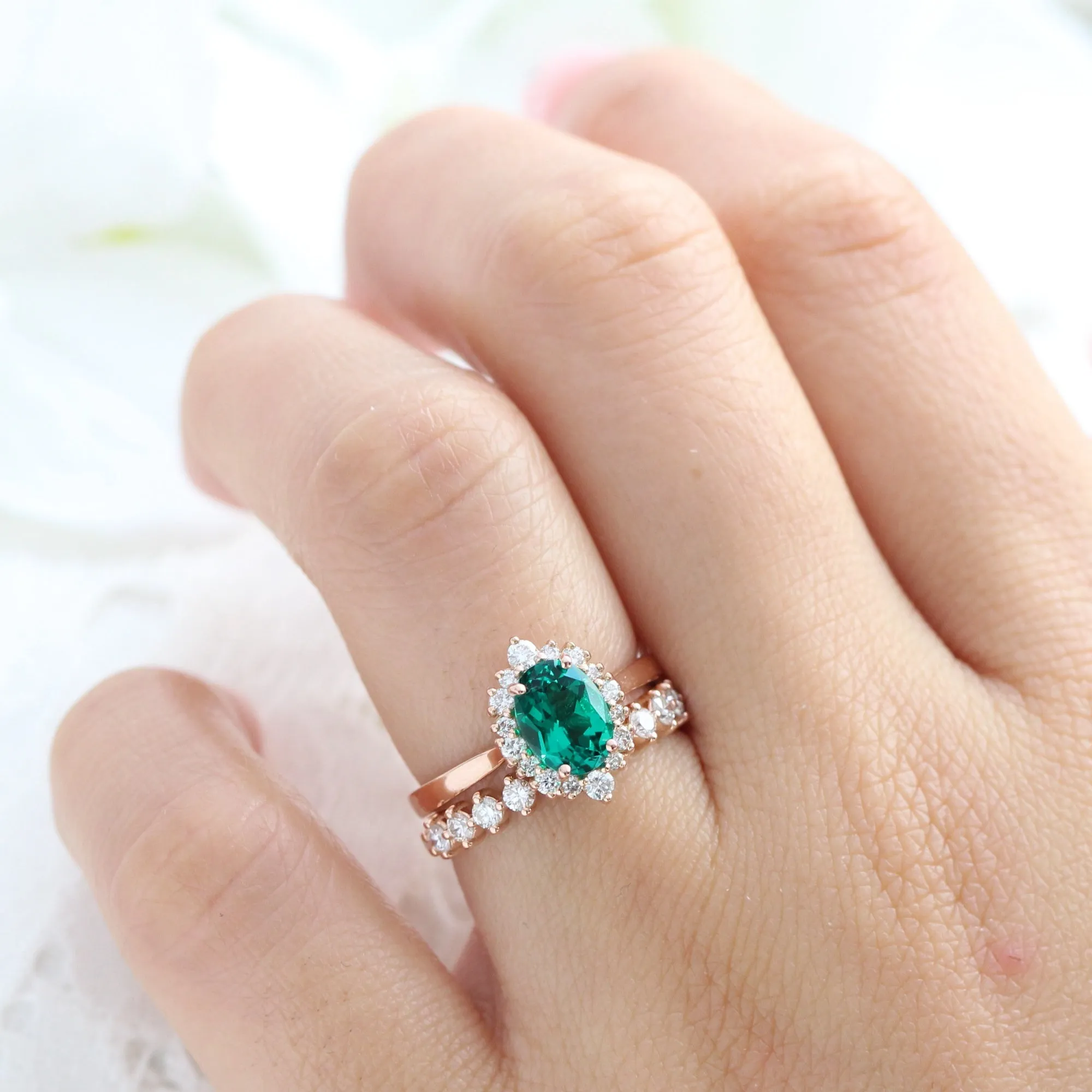 Tiara Halo Oval Ring Bridal Set w/ Emerald and 4 Prong Diamond Band