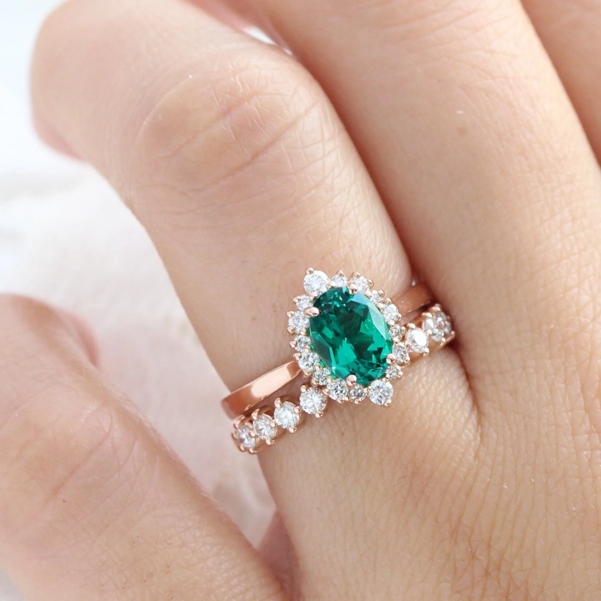 Tiara Halo Oval Ring Bridal Set w/ Emerald and 4 Prong Diamond Band