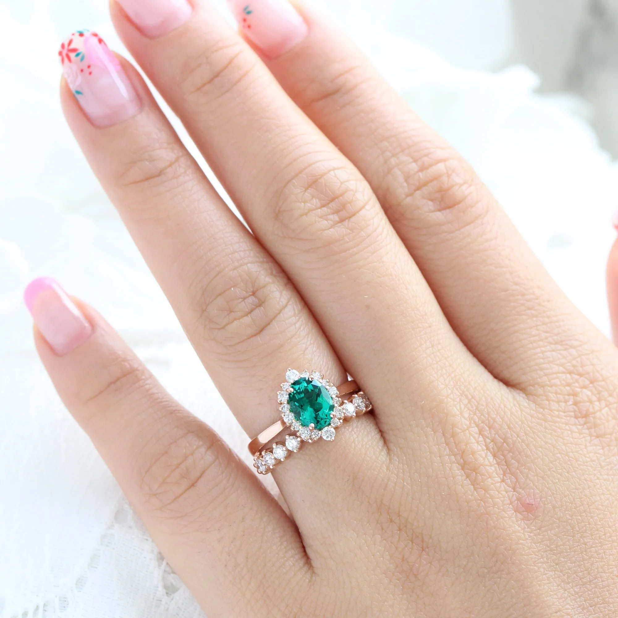 Tiara Halo Oval Ring Bridal Set w/ Emerald and 4 Prong Diamond Band