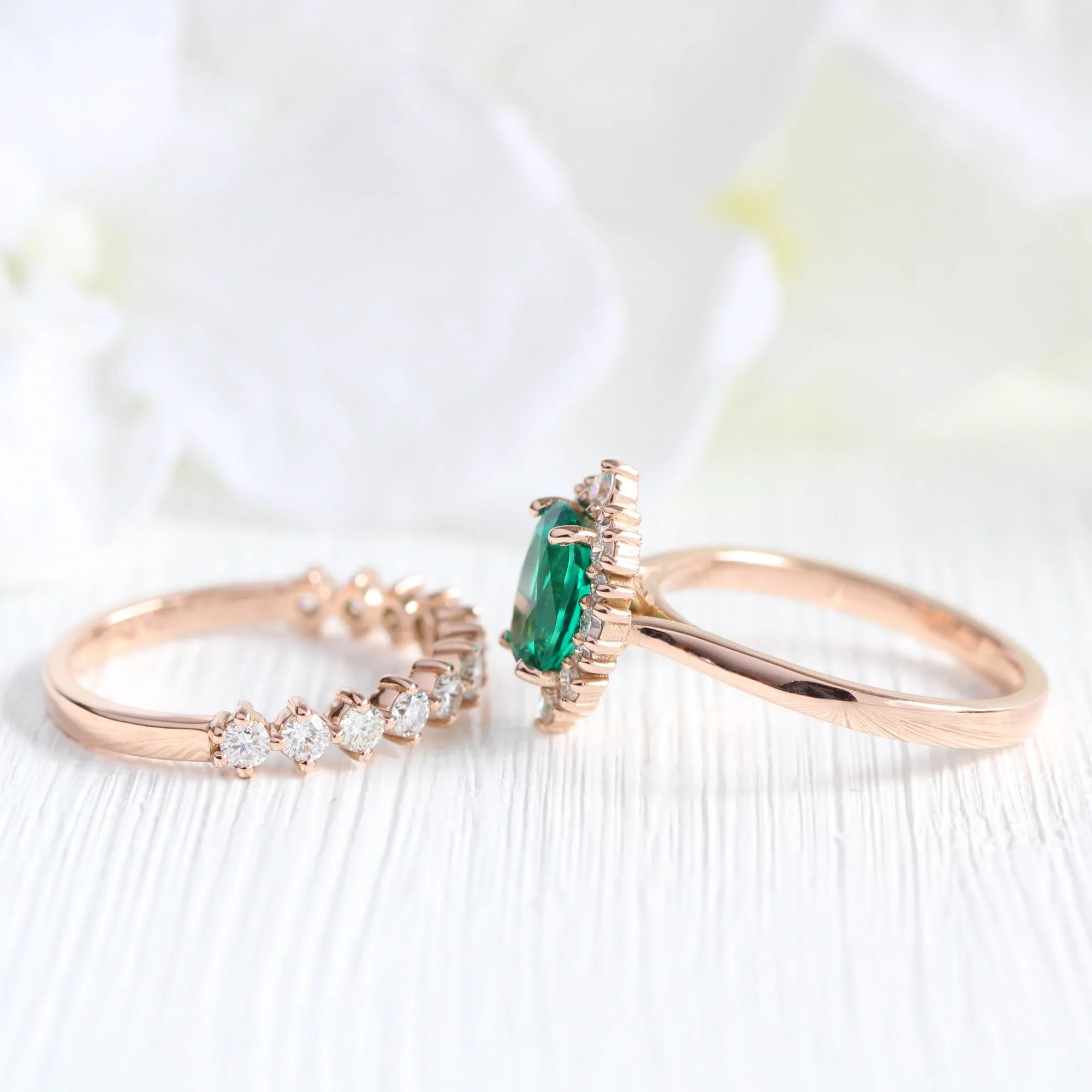 Tiara Halo Oval Ring Bridal Set w/ Emerald and 4 Prong Diamond Band