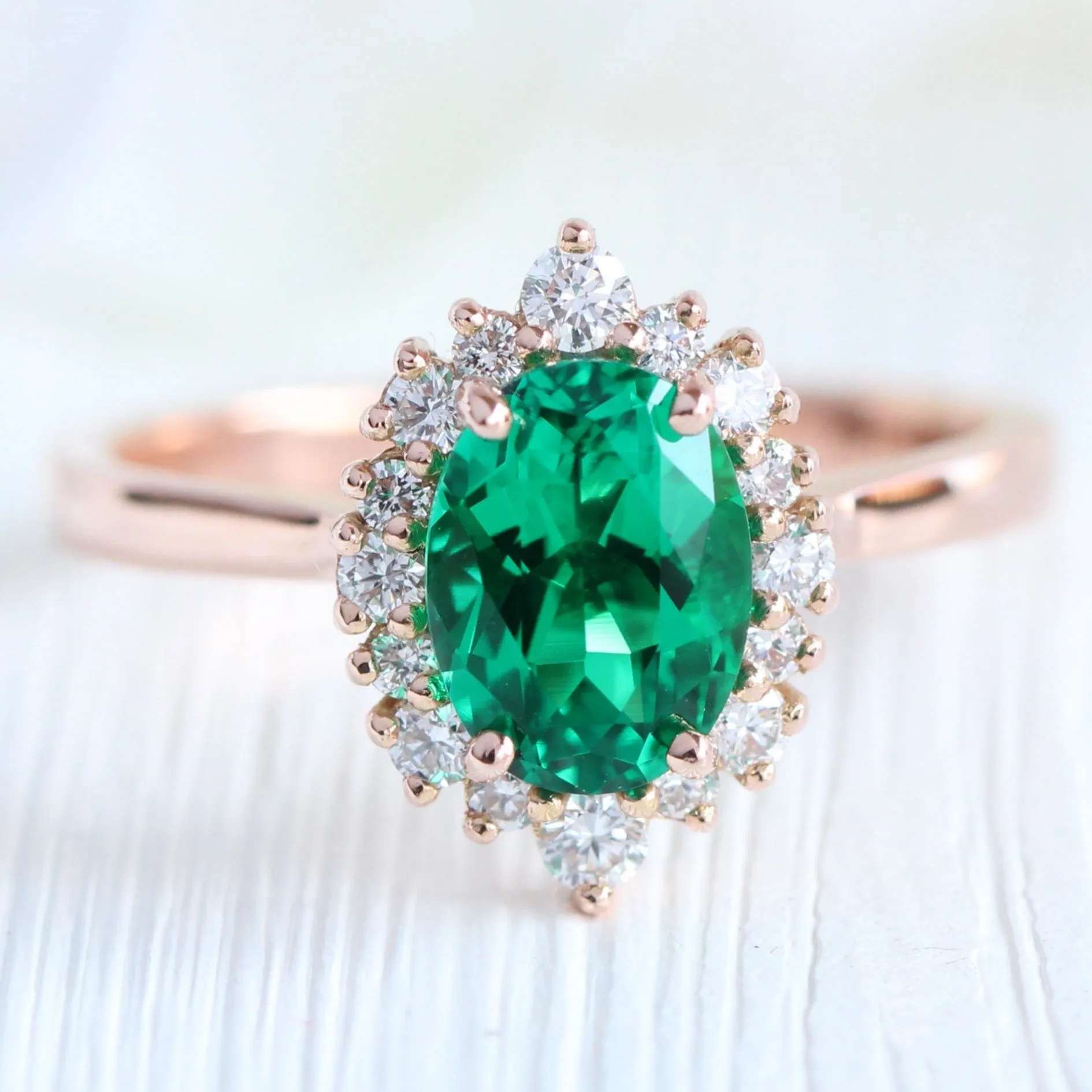 Tiara Halo Oval Ring Bridal Set w/ Emerald and 4 Prong Diamond Band